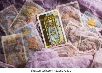 Rider-Waite deck cards. The High Priestess no. 2 major arcana. Psychic reading divination table. Widely popular, tarot decks are used since 15th century for both games and cartomancy.