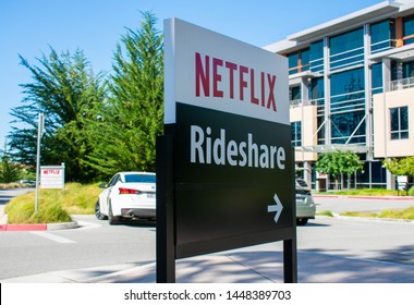 Rideshare Sign Inform Commuters About Pickup And Drop Of Locations Near Netflix Headquarters In Silicon Valley - Los Gatos, California, USA - June 23, 2019