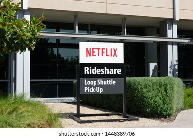 Rideshare Sign Inform Commuters About Pickup And Drop Of Locations Near Netflix Headquarters In Silicon Valley - Los Gatos, California, USA - June 23, 2019