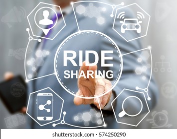 Ridesharing Business Carpooling Cheap Travel Concept. Carpool Ride Share Web Smartphone Order Technology. Businessman Presses A Button Joint Trip On The Virtual Screen