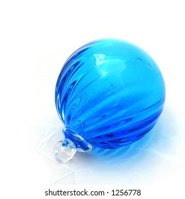 Ridged Clear Blue Blown Glass Ball Ornament.