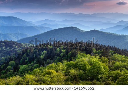 The ridges of the Great Smokey Mountains extending across the valley on the BLue Ridge Parkway near Asheville and Cherokee, North Carolina.