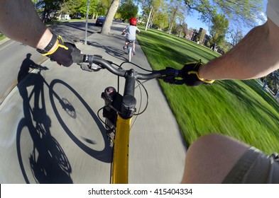 Riding Bike Fisheye View Pov Biking In Park With Kids