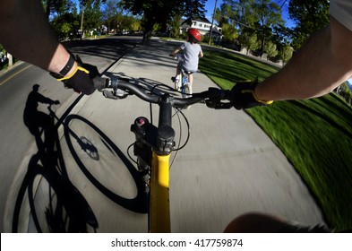 Riding Bike Fisheye View Pov Biking In Park With Kids