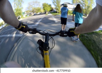 Riding Bike Fisheye View Pov Biking In Park With Kids