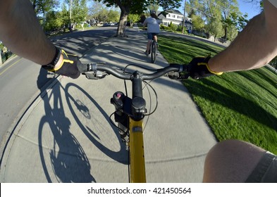 Riding Bike Fisheye View Pov Biking In Park With Kids