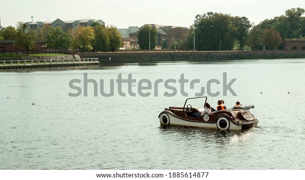 Riding a boat in the form of a car. Kaliningrad.\
Russia september 2020