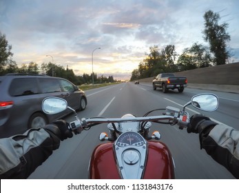 Riding A Motorcycle During A Vibrant Sunset. Taken In Surrey, Greater Vancouver, British Columbia, Canada.