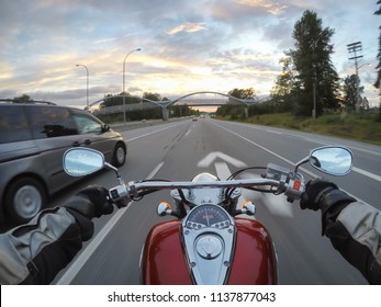 Riding A Motorcycle During A Vibrant Sunset. Taken In Surrey, Greater Vancouver, British Columbia, Canada.