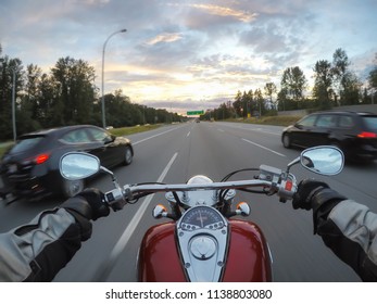 Riding A Motorcycle During A Vibrant Sunset. Taken In Surrey, Greater Vancouver, British Columbia, Canada.