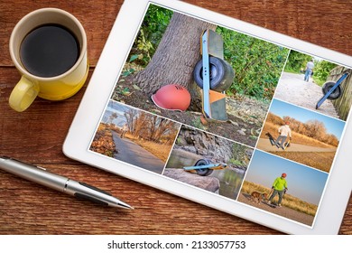 Riding One Wheeled Electric Skateboard On Bike Trails In Colorado, Reviewing A Picture Collection Featuring The Same Senior Male Model On A Tablet, All Screen Images Copyright By The Photographer