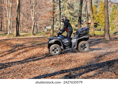 Riding a quad in the forest. Extreme outdoor sports. 