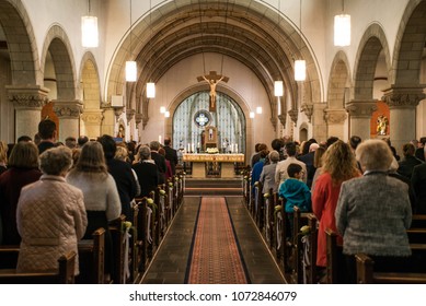 Rieden Germany 15.04.2018 Priest Holding Church Service In Front Of Crowd In Theinterior Of A Church