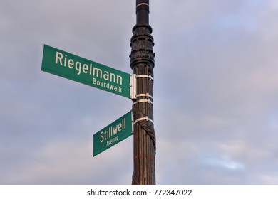 Riegelmann Boardwalk Sign On Coney Island Beach, Brooklyn, New York