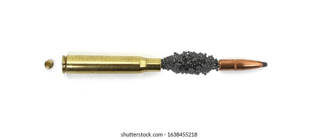 A Rifle Bullet, Empty Shell, Gunpowder On White Background. Hunting Ammunition Isolated On White.