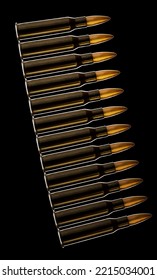 Rifle Bullet Long Cartridges On Black Background. Army Or Hunting Weapon Shot Object, Violence And Danger Symbol.