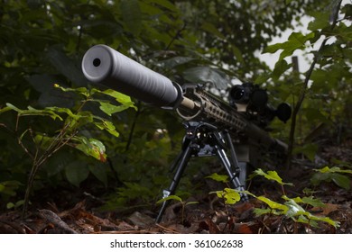 Rifle With A Suppressor Mounted That Is In The Trees