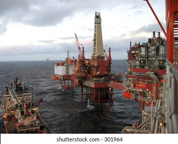 Rig And Production Facility On North Sea Oil Field.