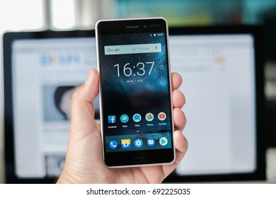 RIGA, AUGUST 2017 - A brand new silver finish Nokia 6 smartphone is displayed for editorial purposes