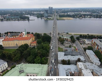 Riga bridge aerial view of Daugava river