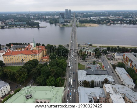 Riga bridge aerial view of Daugava river