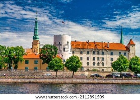 Riga buildings on a sunny day along Daugava river, Latvia
