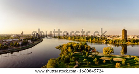 Riga city skyline taken by drone with a view over river Daugava