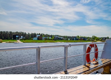 Riga, Jurmala, Latvia - 03.06.2018: Boat trip from Riga to Jurmala. Beautiful trip in river Daugava. Landscape photos from boat. 