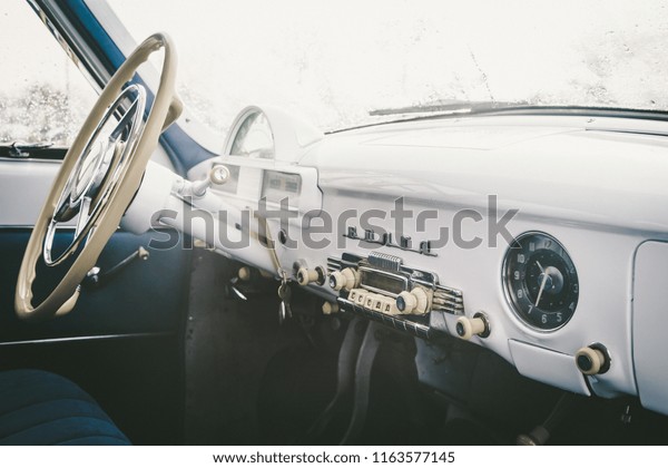 Riga / Latvia - 02.06.2018. : Soviet car Volga\
blue on white interior.