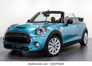 Riga / Latvia - 03.29.2019: Blue Mini Cooper S Cabriolet