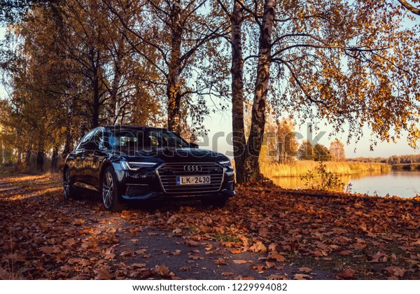 Riga, Latvia 14 November 2018,\
Audi A6 S line C8 Fifth generation 2019 autumn leaves  background\
