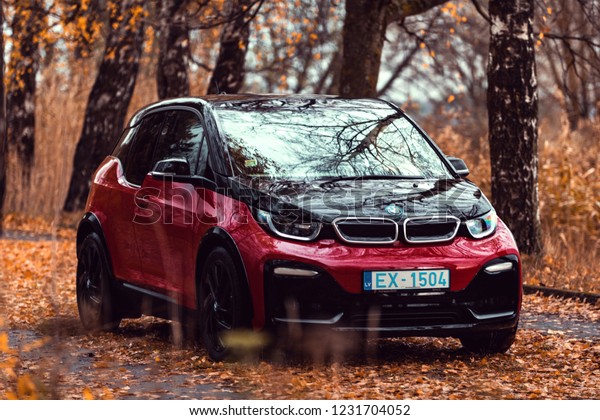 Riga, Latvia 16 November 2018 BMW i3s Electric car\
stand in autumn mood