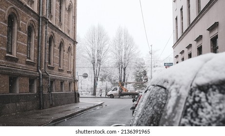 Riga, Latvia, 2019 Winter: Snowy City Street