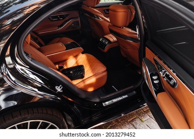 Riga, Latvia 21 July 2021 Limousine, Luxury Car Mercedes Benz S500 S Class W223 2022 Interior Rear Seat Close Up View.