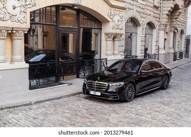 Riga, Latvia 21 July 2021 Mercedes Benz S500 AMG S Class W223 Brand New Model Stand On Road By Classic Private House At Background. Luxury Lifestyle Living.