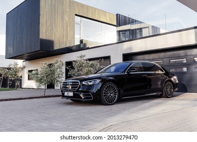 Riga, Latvia 21 July 2021 Mercedes Benz S500 AMG S Class W223 Brand New Model Stand On Parking Lot By Modern Private House At Background. Luxury Lifestyle Living.