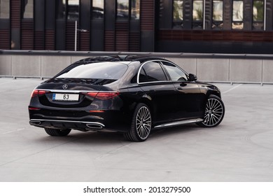 Riga, Latvia 21 July 2021 Mercedes Benz S500 AMG S Class W223 Brand New Model Stand On Parking Lot By Modern Office At Background. Luxury Lifestyle. Car Rear View.