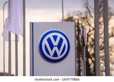 RIGA, LATVIA. 22nd January 2020. Volkswagen company logo near automobile centre. Volkswagen Group, is a German multinational automotive manufacturing company