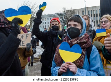 RIGA, LATVIA. 24th February 2022. Selective focus photo. People protest against Russian attack on Ukraine near Embassy of Russia in Latvia.