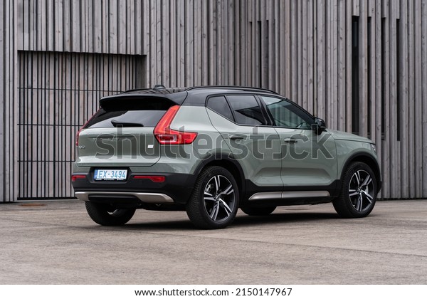 Riga Latvia, 25 April 2022 VOLVO XC40 Recharge is\
first pure electric compact SUV, built for city life. Bold and\
expressive design meets compact efficiency. Stands on parking lot\
modern garage.