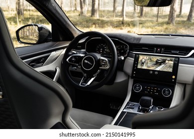 Riga, Latvia 26 April 2022 NEW JAGUAR F‑PACE SVR Interior Dashboard Navigation Steering Wheel View. Sport Seats Front.