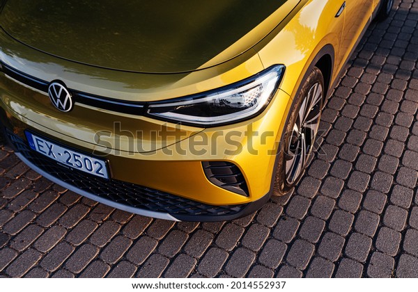 Riga, Latvia 26\
July 2021, Volkswagen ID.4 is an electric crossover SUV is\
positioned by Volkswagen as a high-volume, mass-market electric\
vehicle.\
Close up view to front\
logotype