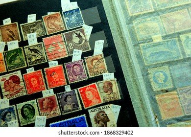 Riga, Latvia, 27 july, 2018: An old collection of stamps from different countries in the album