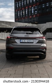 Riga, Latvia 28 February 2022, Audi Q4 e-tron sportback. The Audi Q4 e-tron is a battery electric compact luxury crossover SUV produced by Audi. Stands on parking lot.