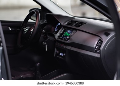 Riga, Latvia 31 March 2021brand New Škoda Fabia Stands On Parking Slot In Modern Garage. Interior Dashboard View. Small City Car.