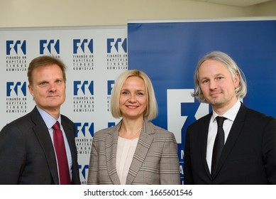 RIGA, LATVIA. 6th March 2020.  Jens Henriksson, New President And CEO Of Swedbank, Santa Purgaile,  Chairperson Of FCMC Of Latvia And Reinis Rubenis CEO Swedba