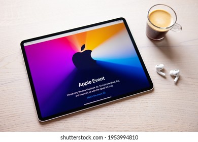 Riga, Latvia - April 10, 2021: Apple Events Website On The Screen Of IPad Pro Tablet Computer.