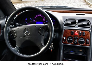 RIGA, LATVIA - APRIL 22, 2018: Interior Of Silver Mercedes-Benz Coupe CLK200 Kompressor - W208, 2001.