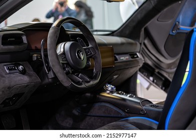 Riga, Latvia, April 29, 2022: Close-up Of Exterior Design Details Of The Supercar Maserati MC20, Steering Wheel And Interior