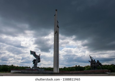 Riga / Latvia - Aug 2019: Historical Soviet monument in Riga. Holiday time in Latvia. Warm summer in Baltic States.